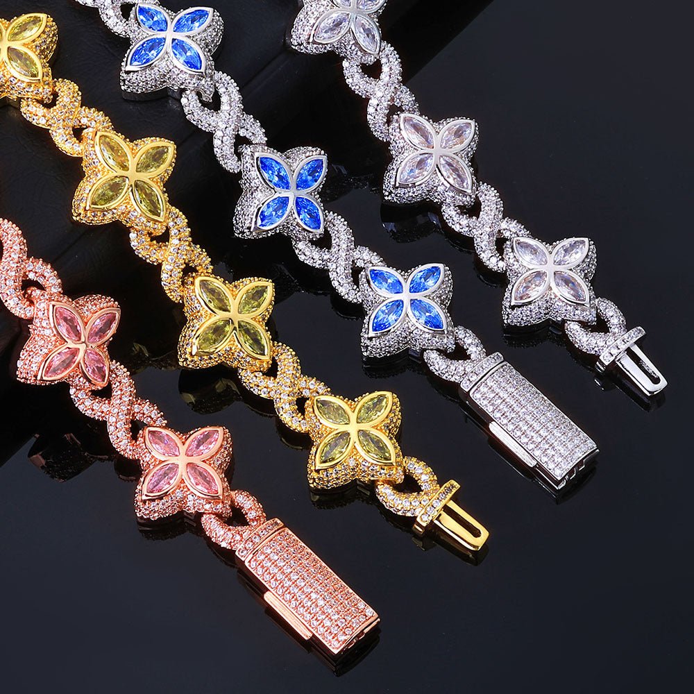 Iced Out Flower Clover Bracelet – Four-Petal Gemstone Hip Hop Bangle with Box Clasp | Esekeem Rose Gold + Pink - KRWN Fine Jewelry