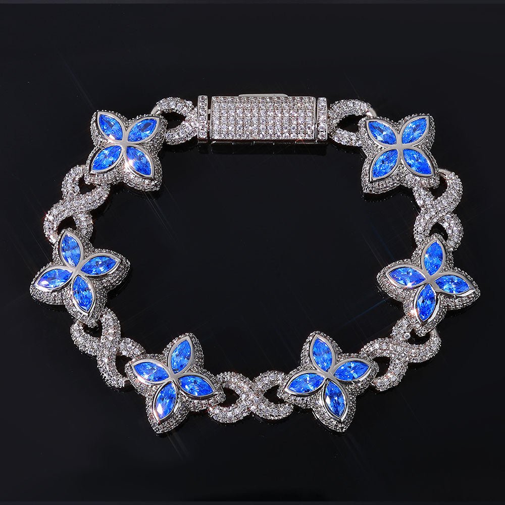 Iced Out Flower Clover Bracelet – Four-Petal Gemstone Hip Hop Bangle with Box Clasp | Esekeem White Gold + Blue - KRWN Fine Jewelry
