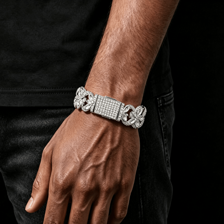 Iced Out Flower Clover Bracelet – Four-Petal Gemstone Hip Hop Bangle with Box Clasp | Esekeem White Gold + Clear - KRWN Fine Jewelry