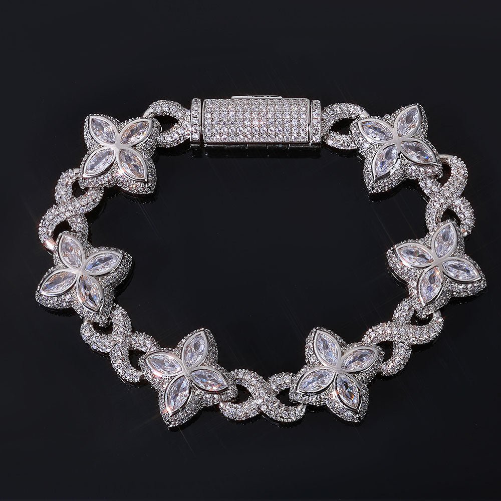 Iced Out Flower Clover Bracelet – Four-Petal Gemstone Hip Hop Bangle with Box Clasp | Esekeem White Gold + Clear - KRWN Fine Jewelry