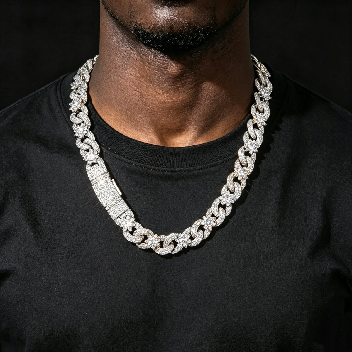 Iced Out Flower Cuban Link Chain – 15mm CZ Hip Hop Necklace White Gold - KRWN Fine Jewelry