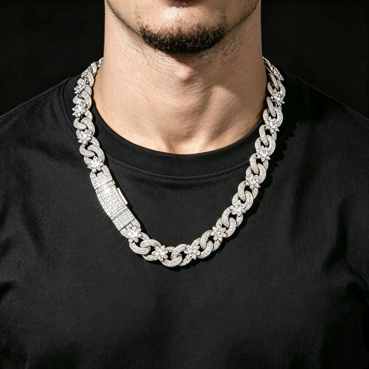 Iced Out Flower Cuban Link Chain – 15mm CZ Hip Hop Necklace White Gold - KRWN Fine Jewelry