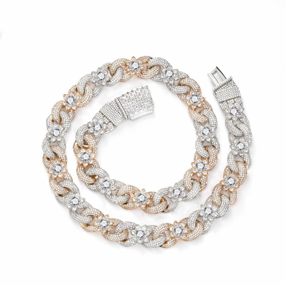 Iced Out Flower Cuban Link Chain – 15mm Pave-Set CZ Hip Hop Necklace for Men & Women | 170g Heavy Statement Jewelry WGold RGold - KRWN Fine Jewelry