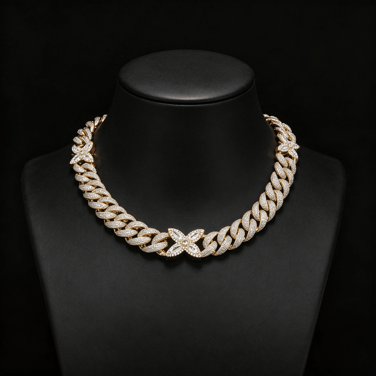 Iced Out Flower Cuban Link Necklace - 20mm Full Pave CZ 18K Gold Plated Hip Hop Chain Gold - KRWN Fine Jewelry
