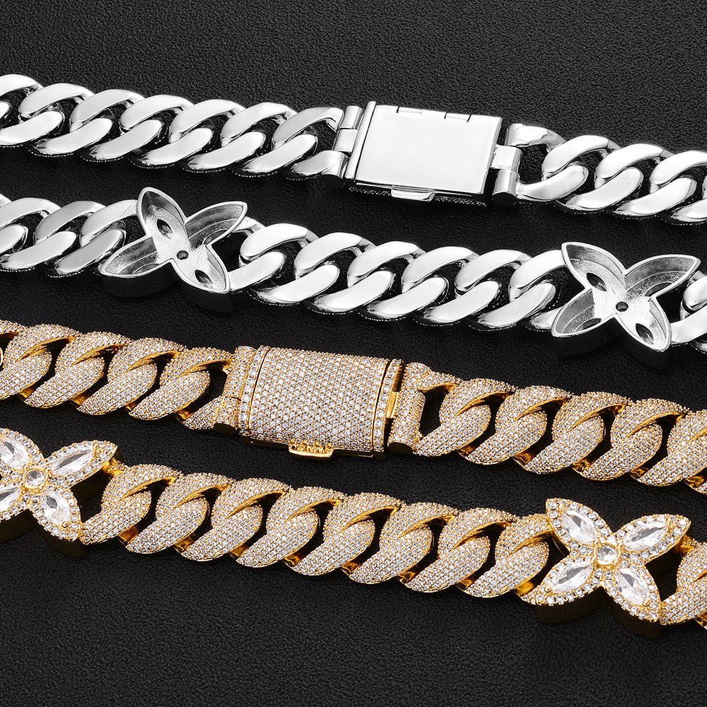 Iced Out Flower Cuban Link Necklace - 20mm Full Pave CZ 18K Gold Plated Hip Hop Chain White Gold - KRWN Fine Jewelry