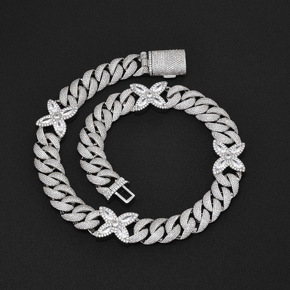 Iced Out Flower Cuban Link Necklace - 20mm Full Pave CZ 18K Gold Plated Hip Hop Chain White Gold - KRWN Fine Jewelry