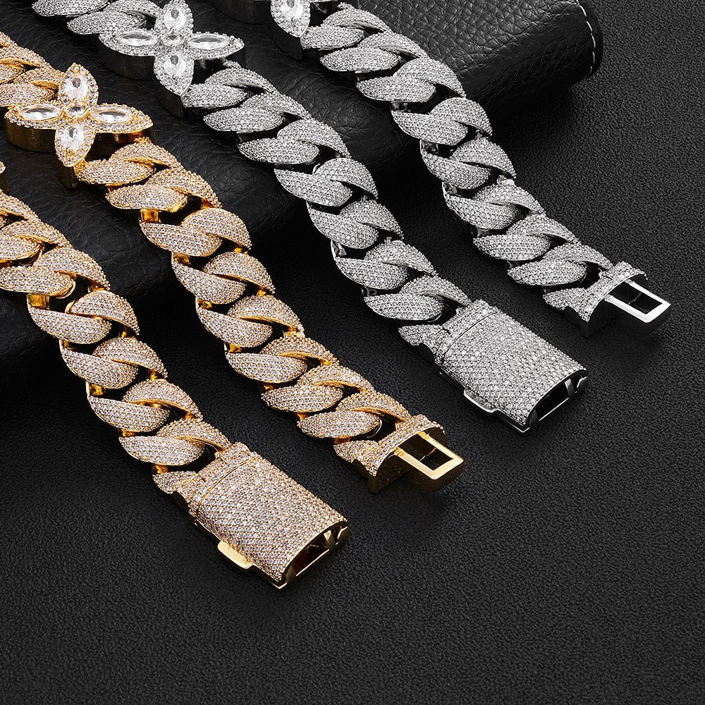 Iced Out Flower Cuban Link Necklace - 20mm Full Pave CZ 18K Gold Plated Hip Hop Chain White Gold - KRWN Fine Jewelry