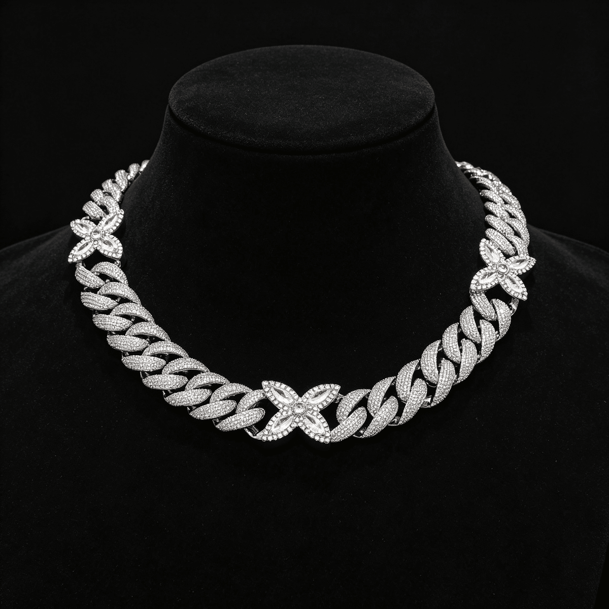 Iced Out Flower Cuban Link Necklace - 20mm Full Pave CZ 18K Gold Plated Hip Hop Chain White Gold - KRWN Fine Jewelry