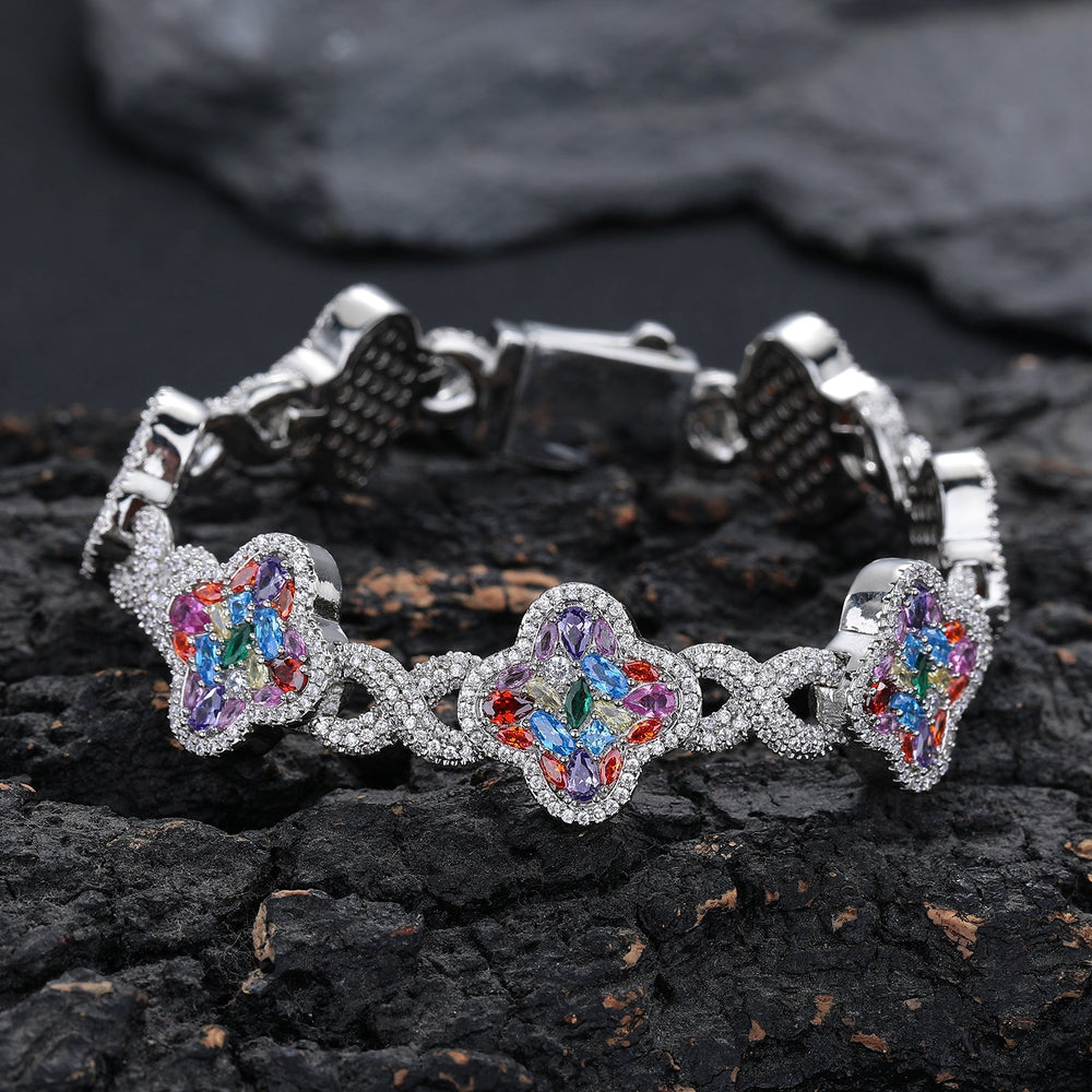 Iced Out Four-Leaf Clover Bracelet — 11mm Rainbow CZ Star Link, Gold Plated Hip Hop Tennis Bracelet for Men & Women White Gold - KRWN Fine Jewelry
