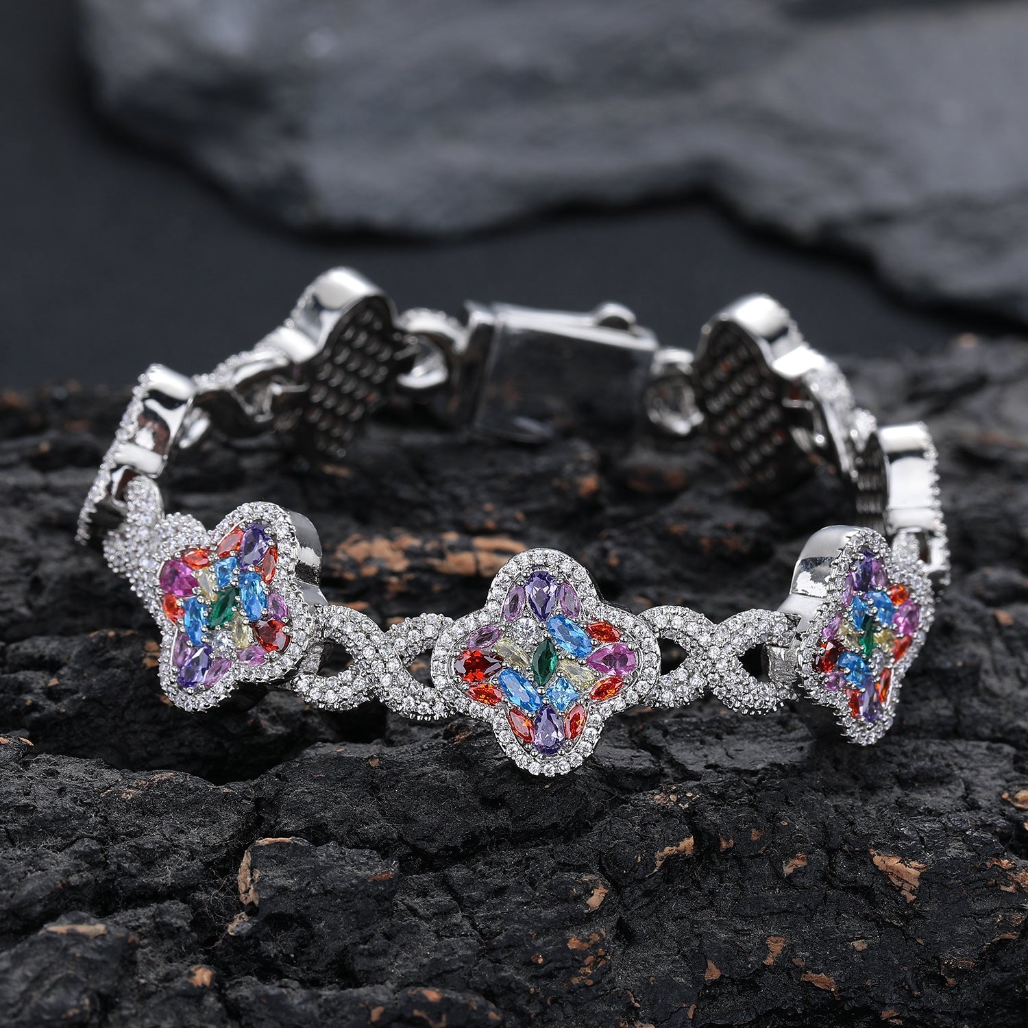 Iced Out Four-Leaf Clover Bracelet — 11mm Rainbow CZ Star Link, Gold Plated Hip Hop Tennis Bracelet for Men & Women White Gold - KRWN Fine Jewelry