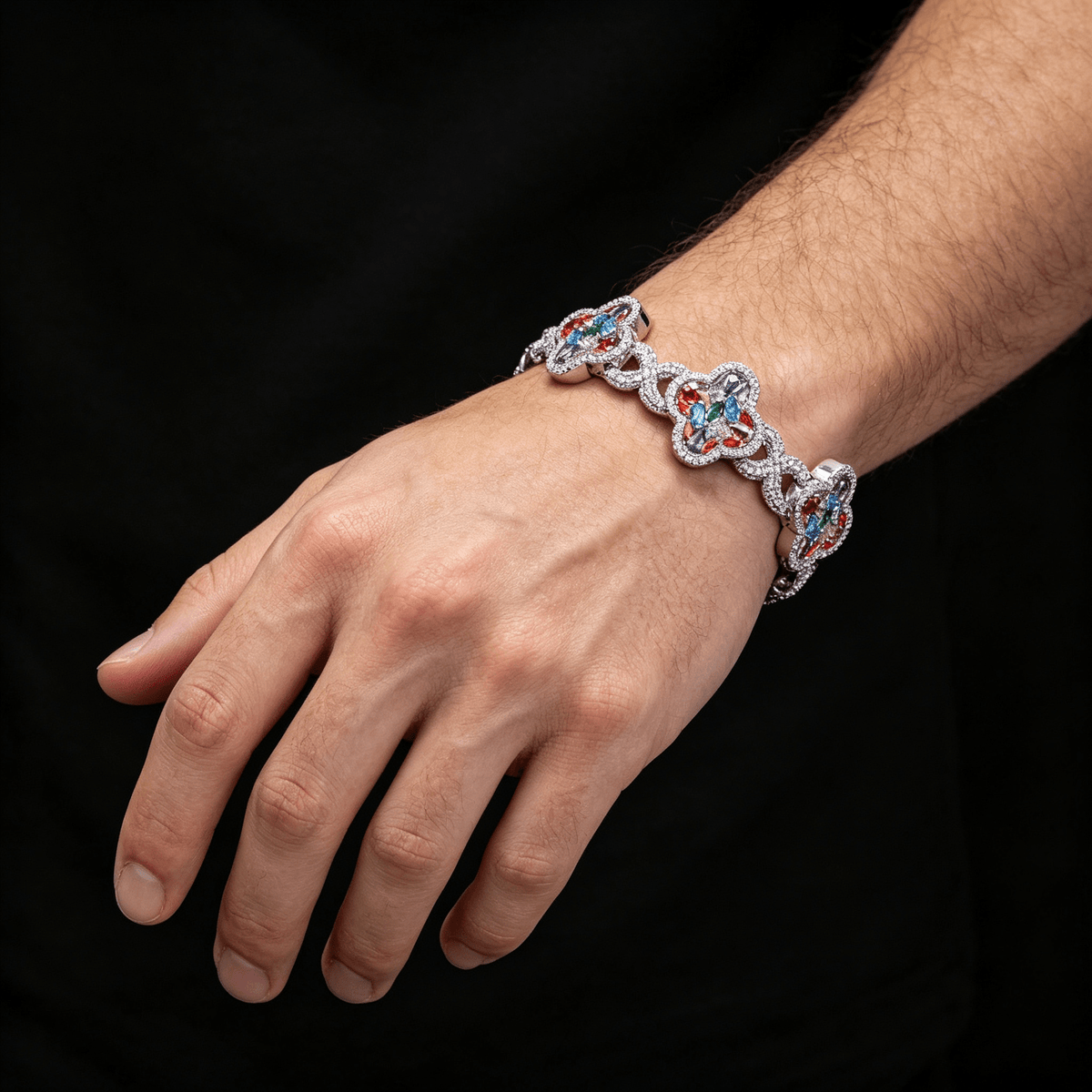 Iced Out Four-Leaf Clover Bracelet — 11mm Rainbow CZ Star Link, Gold Plated Hip Hop Tennis Bracelet for Men & Women White Gold - KRWN Fine Jewelry