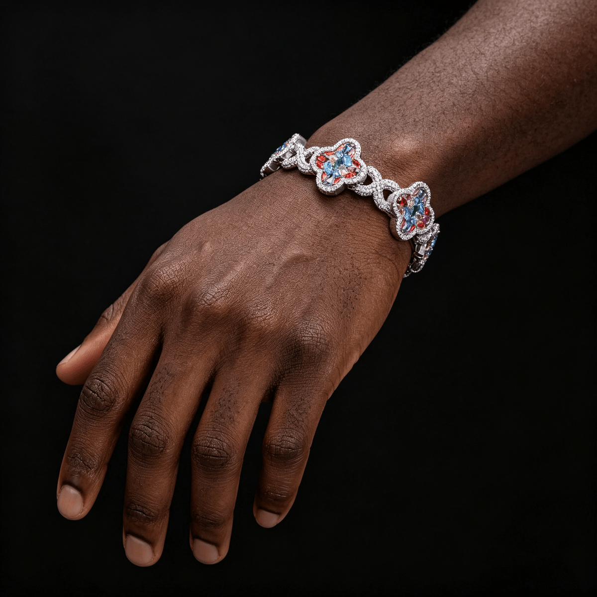Iced Out Four-Leaf Clover Bracelet — 11mm Rainbow CZ Star Link, Gold Plated Hip Hop Tennis Bracelet for Men & Women White Gold - KRWN Fine Jewelry