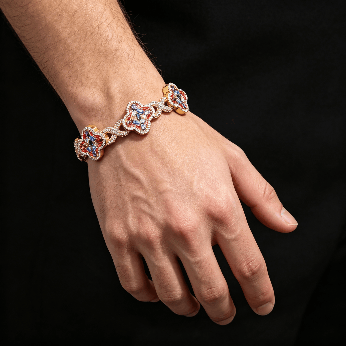 Iced Out Four-Leaf Clover Bracelet — 11mm Rainbow CZ Star Link, Gold Plated Hip Hop Tennis Bracelet for Men & Women White Gold - KRWN Fine Jewelry