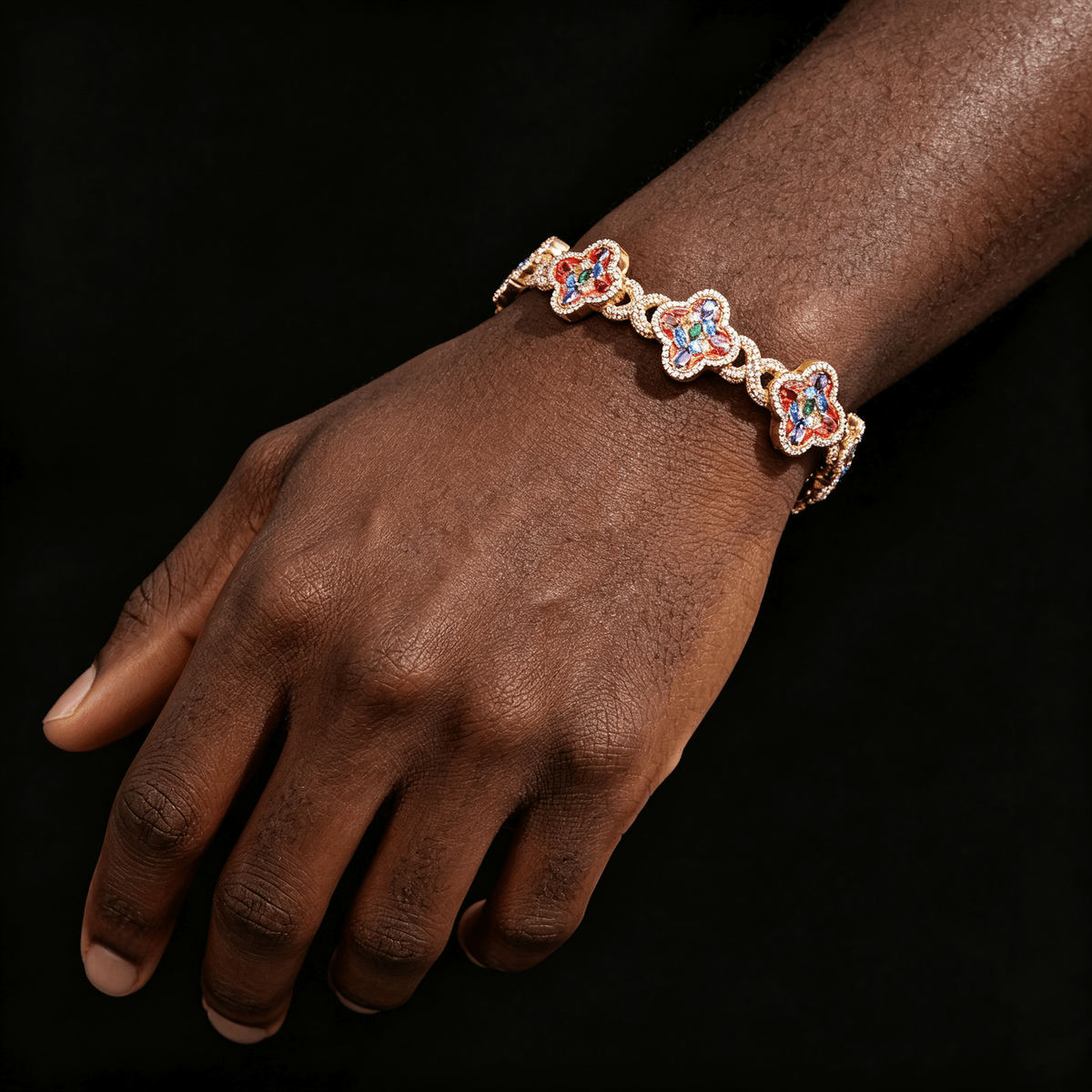 Iced Out Four-Leaf Clover Bracelet — 11mm Rainbow CZ Star Link, Gold Plated Hip Hop Tennis Bracelet for Men & Women Yellow Gold - KRWN Fine Jewelry