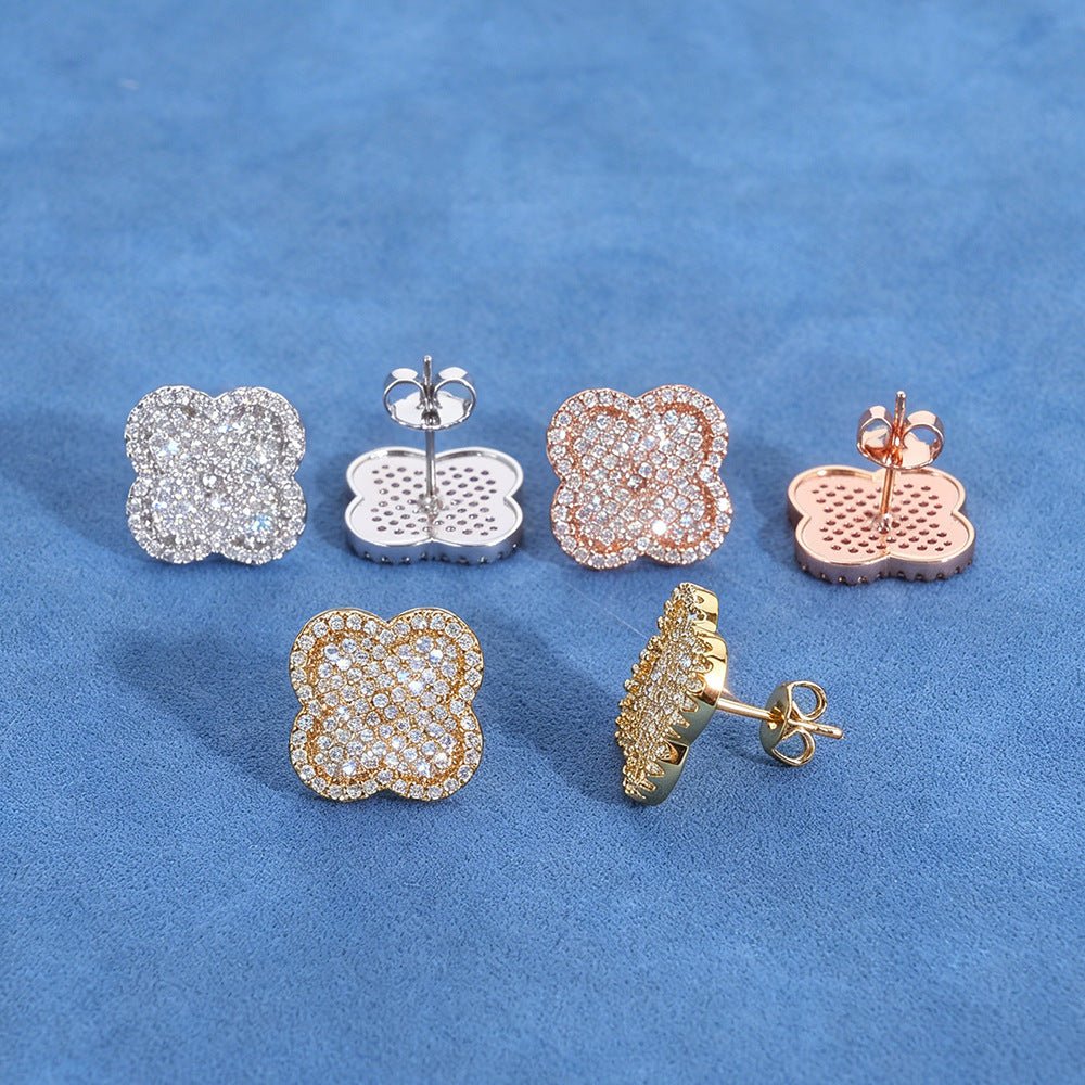Iced Out Four Leaf Clover Moissanite Stud Earrings – S925 Silver Full-Pave Hip Hop Clover Shape Earrings for Men & Women, Pass Diamond Tester Rose Gold (Pair) - KRWN Fine Jewelry