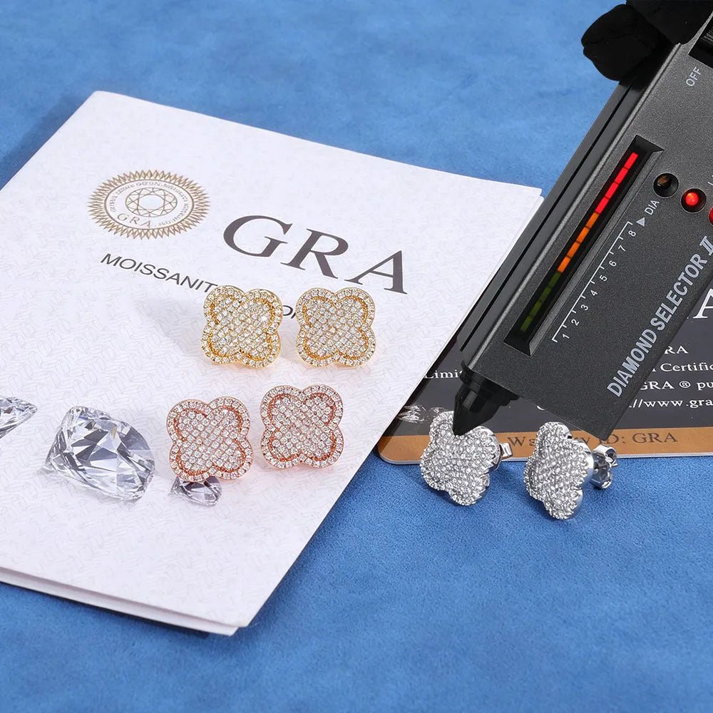 Iced Out Four Leaf Clover Moissanite Stud Earrings – S925 Silver Full-Pave Hip Hop Clover Shape Earrings for Men & Women, Pass Diamond Tester Silver (Pair) - KRWN Fine Jewelry