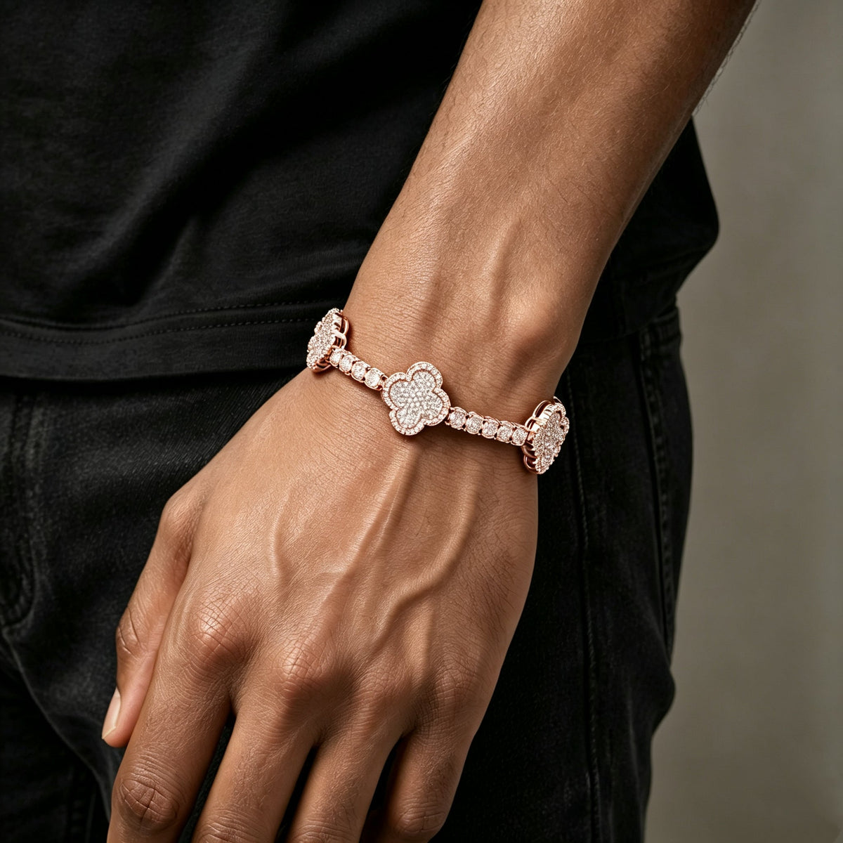 Iced Out Four Leaf Clover Tennis Chain & Bracelet Set – Gold Plated CZ Hip Hop Jewelry for Men Rose Gold - KRWN Fine Jewelry