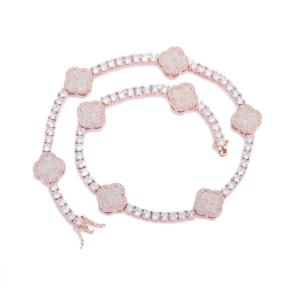 Iced Out Four Leaf Clover Tennis Chain & Bracelet Set – Gold Plated CZ Hip Hop Jewelry for Men Rose Gold - KRWN Fine Jewelry