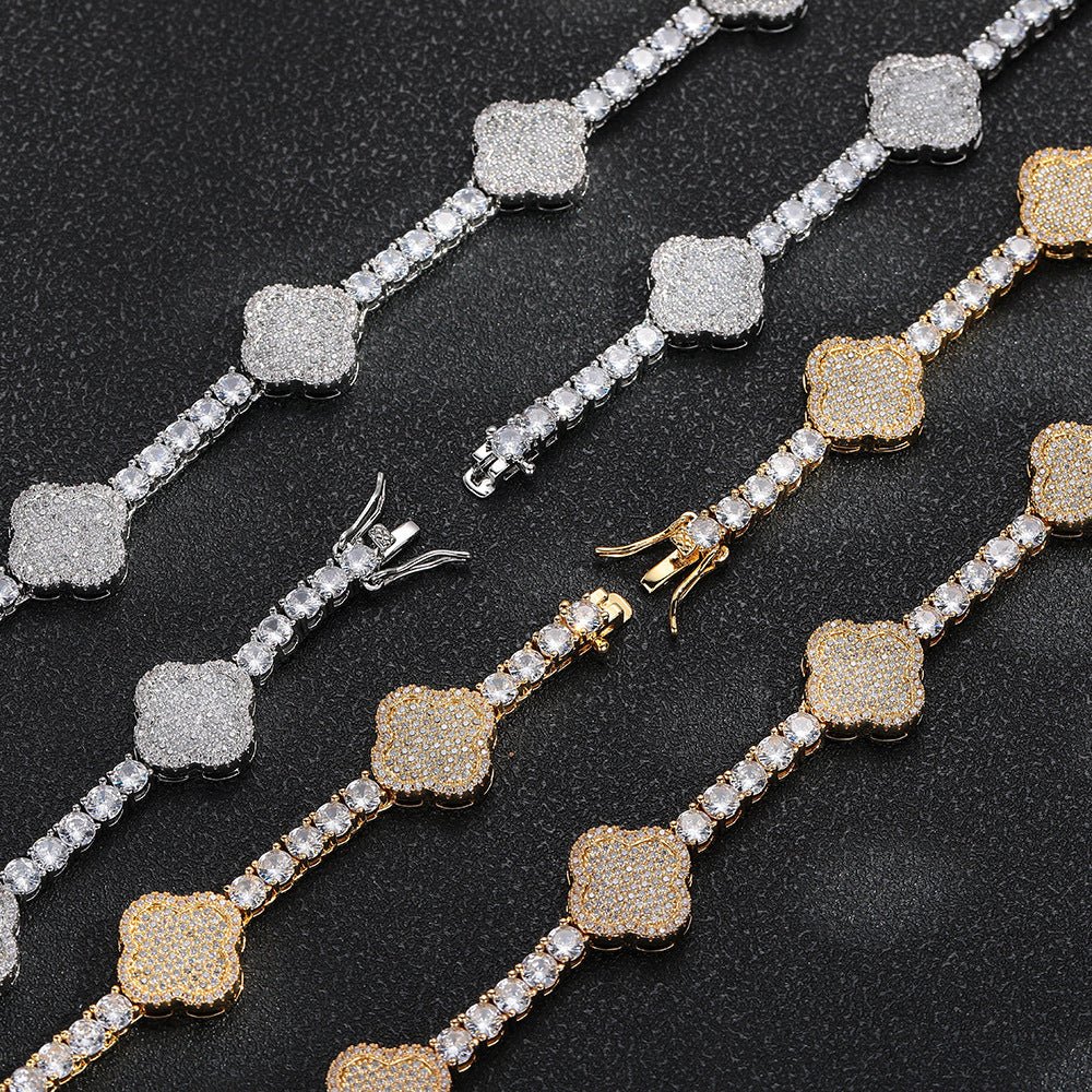 Iced Out Four Leaf Clover Tennis Chain & Bracelet Set – Gold Plated CZ Hip Hop Jewelry for Men White Gold - KRWN Fine Jewelry