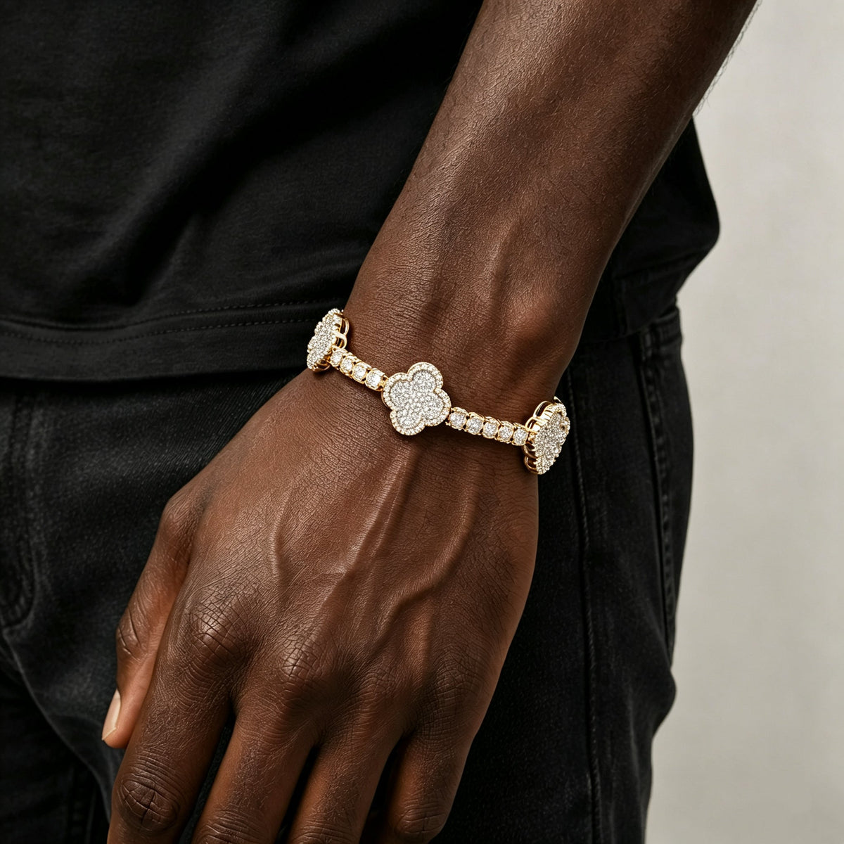 Iced Out Four Leaf Clover Tennis Chain & Bracelet Set – Gold Plated CZ Hip Hop Jewelry for Men Yellow Gold - KRWN Fine Jewelry
