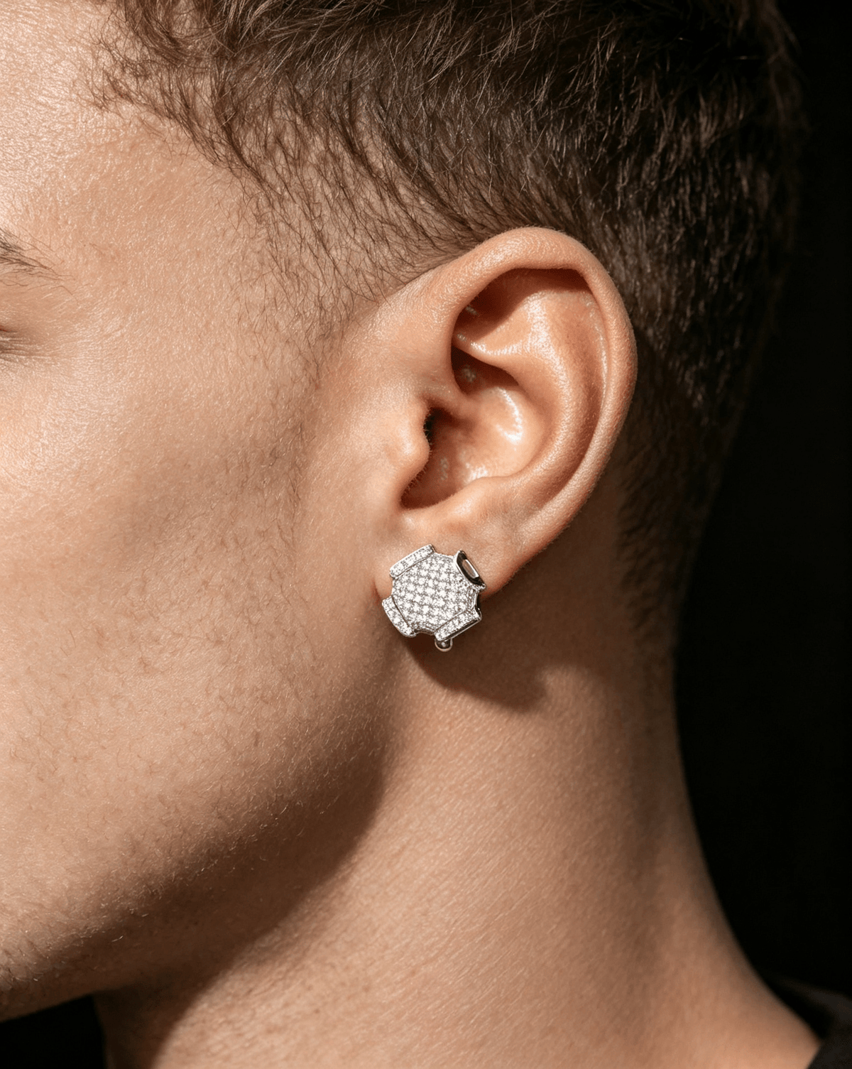 Iced Out Geometric D-Letter Cube Stud Earrings – 925 Sterling Silver Hip Hop Mens Studs | VVS Moissanite | GRA Certified | Pair Gold - KRWN Fine Jewelry