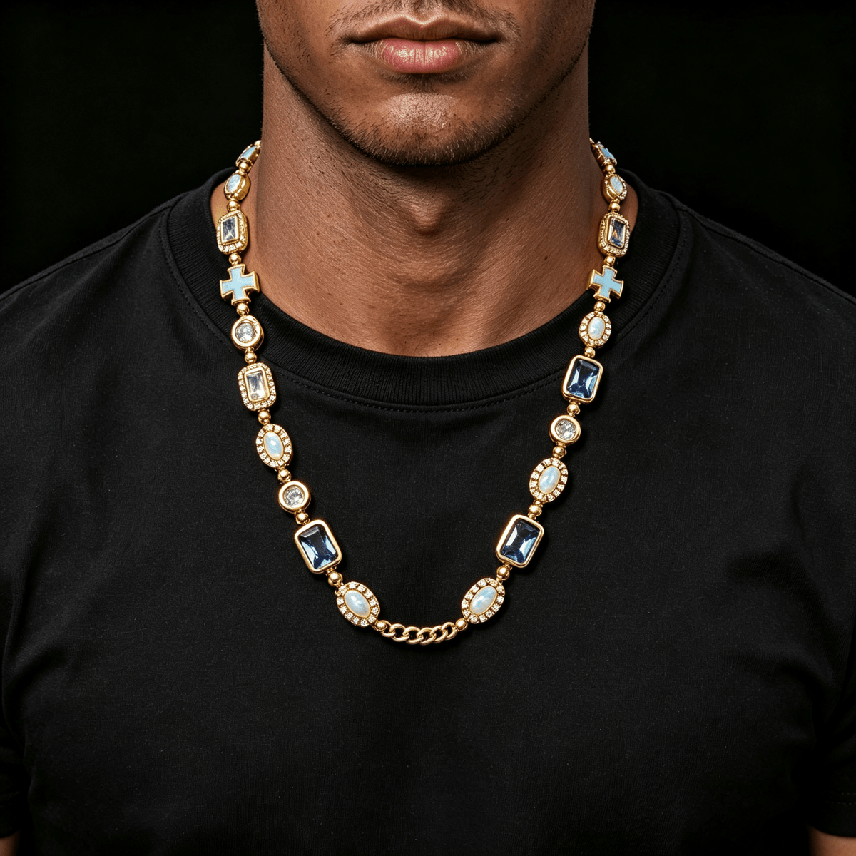 Iced Out Gold Chain Necklace for Men – Blue Gemstone Cross CZ Diamond Hip Hop Jewelry 16-24 Inch White Gold - KRWN Fine Jewelry
