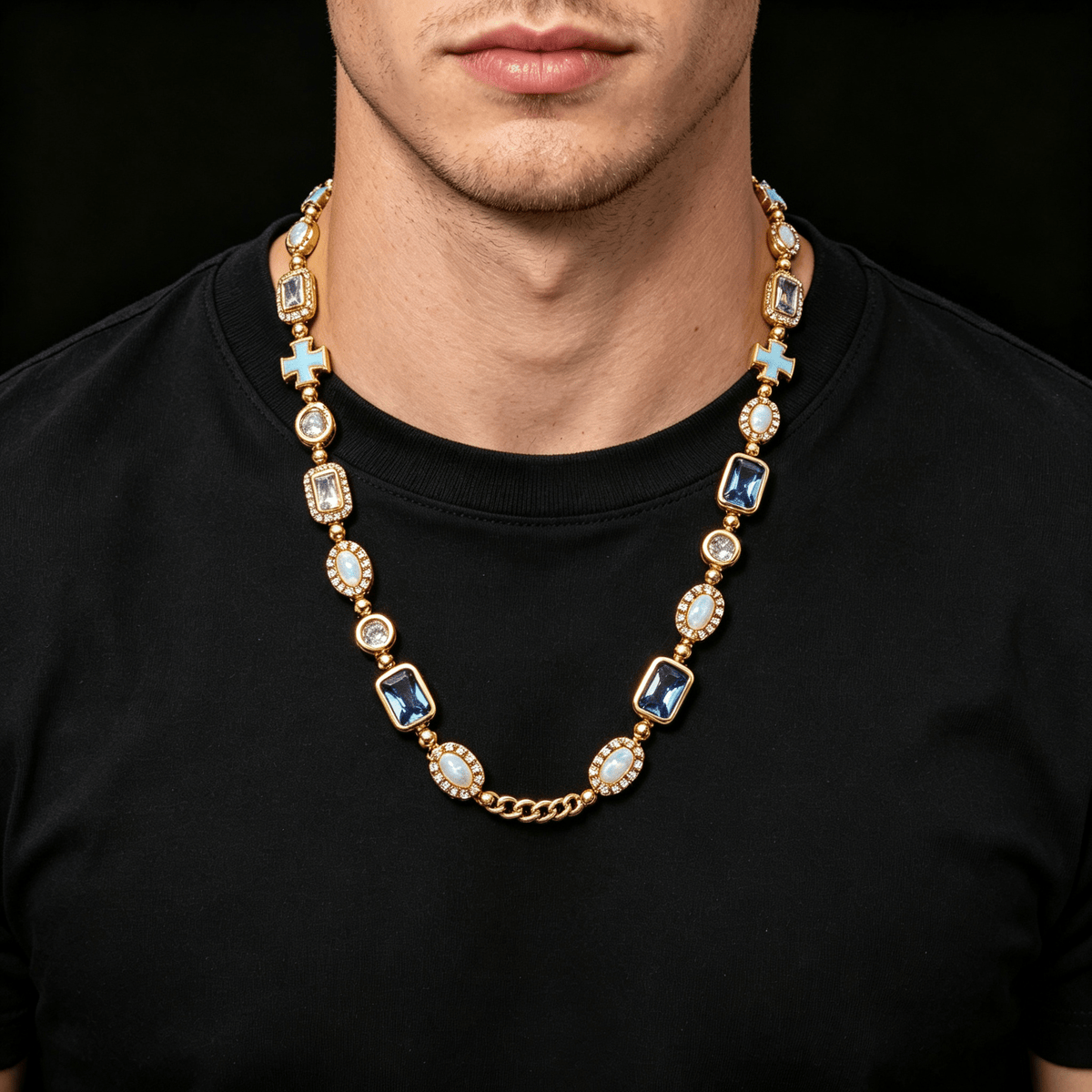 Iced Out Gold Chain Necklace for Men – Blue Gemstone Cross CZ Diamond Hip Hop Jewelry 16-24 Inch White Gold - KRWN Fine Jewelry