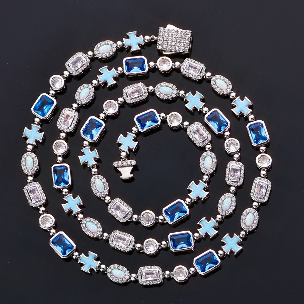 Iced Out Gold Chain Necklace for Men – Blue Gemstone Cross CZ Diamond Hip Hop Jewelry 16-24 Inch White Gold - KRWN Fine Jewelry