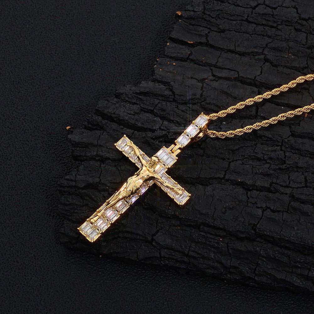 Iced Out Jesus Cross Pendant Necklace - Baguette CZ 24" Rope Chain Hip Hop Jewelry Gold - KRWN Fine Jewelry