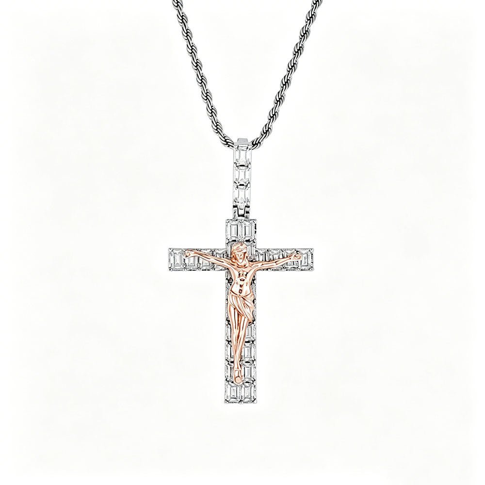 Iced Out Jesus Cross Pendant Necklace - Baguette CZ 24" Rope Chain Hip Hop Jewelry Two-Tone - KRWN Fine Jewelry