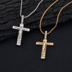 Iced Out Jesus Cross Pendant Necklace - Baguette CZ 24" Rope Chain Hip Hop Jewelry Two-Tone - KRWN Fine Jewelry