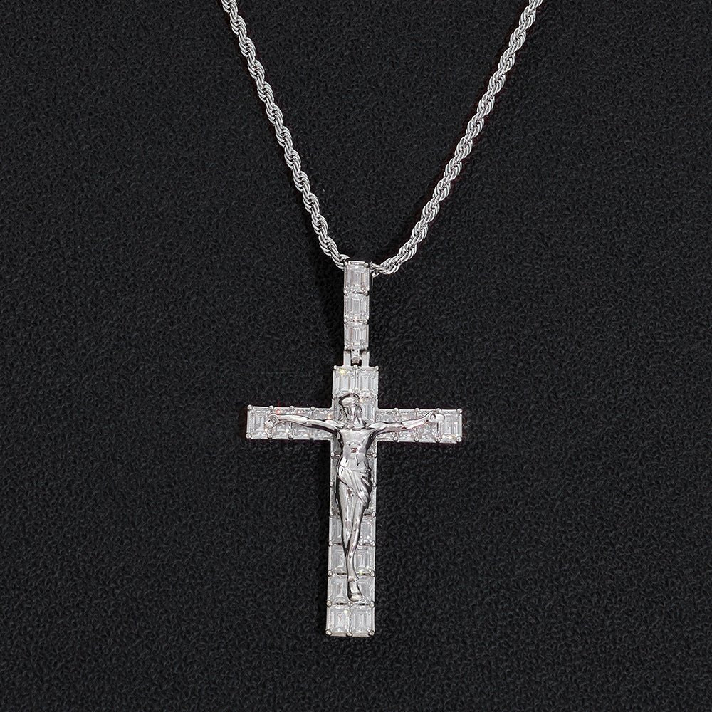 Iced Out Jesus Cross Pendant Necklace - Baguette CZ 24" Rope Chain Hip Hop Jewelry White Gold - KRWN Fine Jewelry