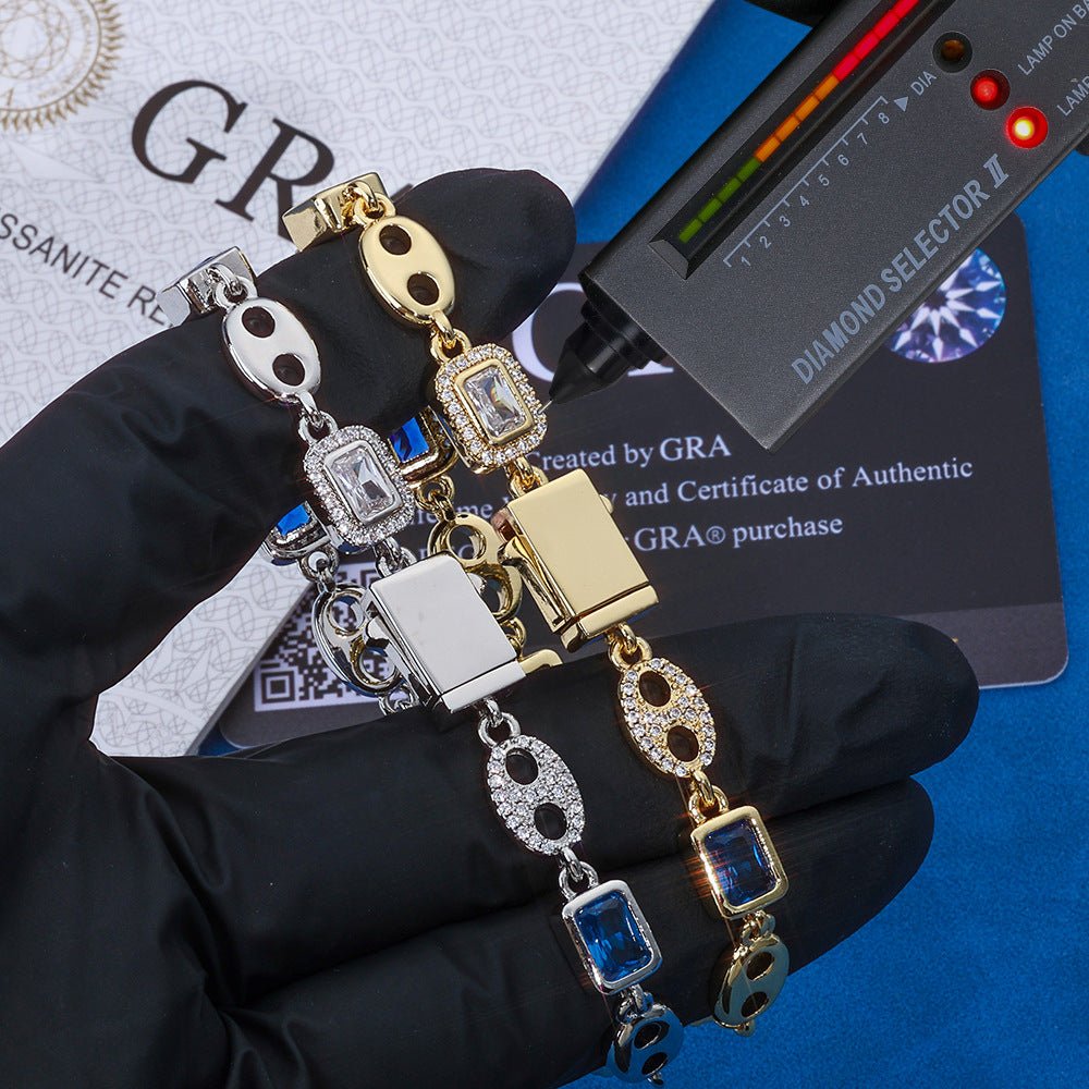 Iced Out Moissanite Anchor Link Bracelet Men – S925 Silver Blue Stone Baguette Hip Hop Bracelet 7-9 Inch Gold - KRWN Fine Jewelry