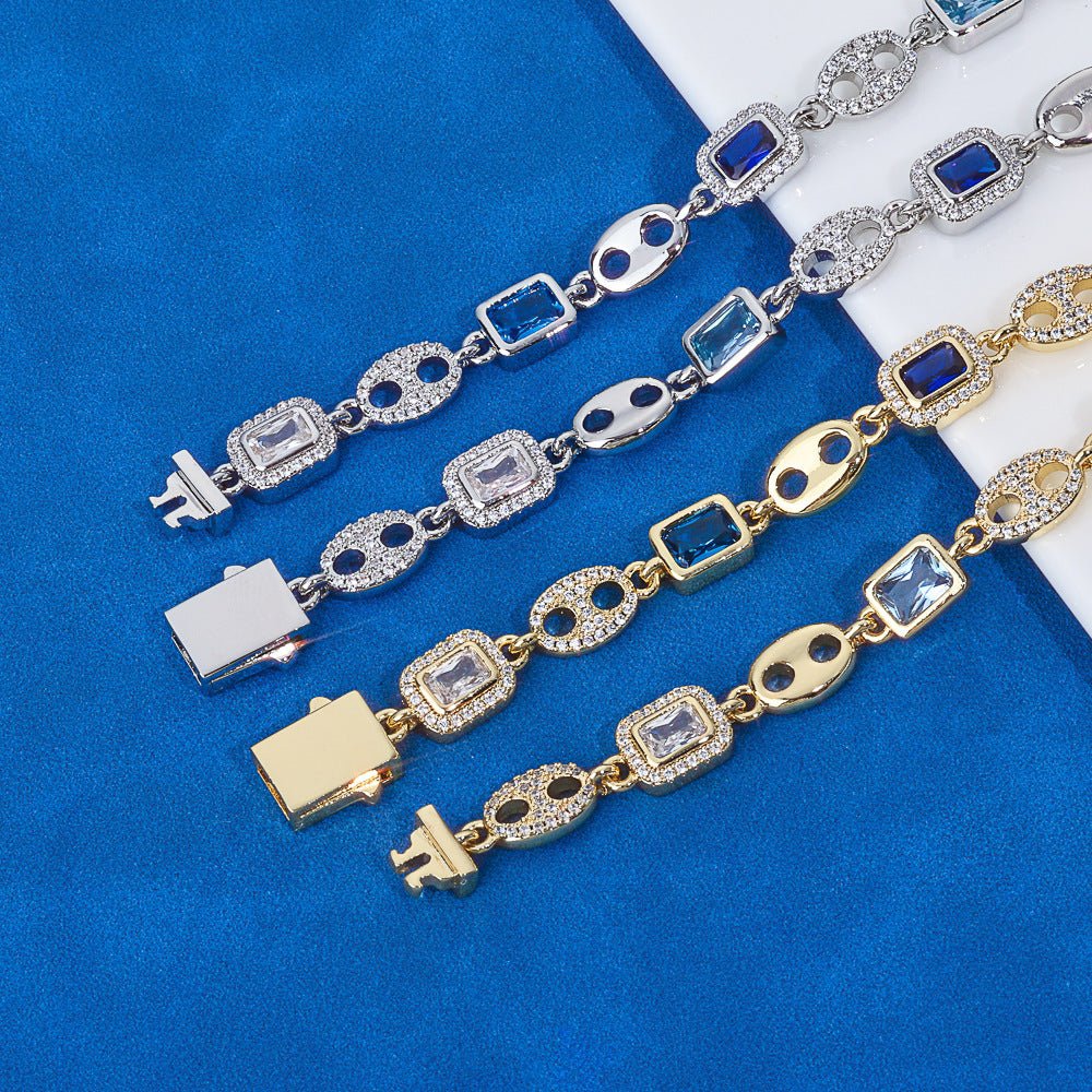 Iced Out Moissanite Anchor Link Bracelet Men – S925 Silver Blue Stone Baguette Hip Hop Bracelet 7-9 Inch Silver - KRWN Fine Jewelry