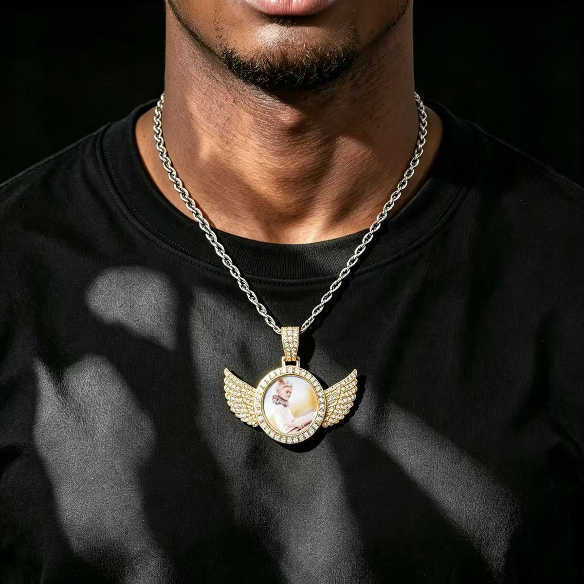 Iced Out Moissanite Angel Wing Photo Pendant – Custom Picture Locket Necklace 925 Sterling Silver | VVS Stones | Hip Hop Memorial Jewelry Gold - KRWN Fine Jewelry