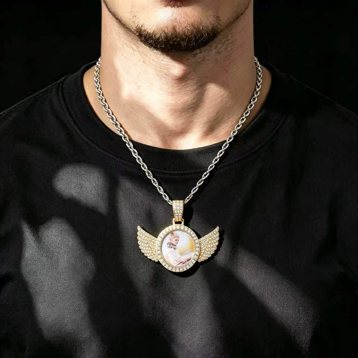 Iced Out Moissanite Angel Wing Photo Pendant – Custom Picture Locket Necklace 925 Sterling Silver | VVS Stones | Hip Hop Memorial Jewelry Silver - KRWN Fine Jewelry
