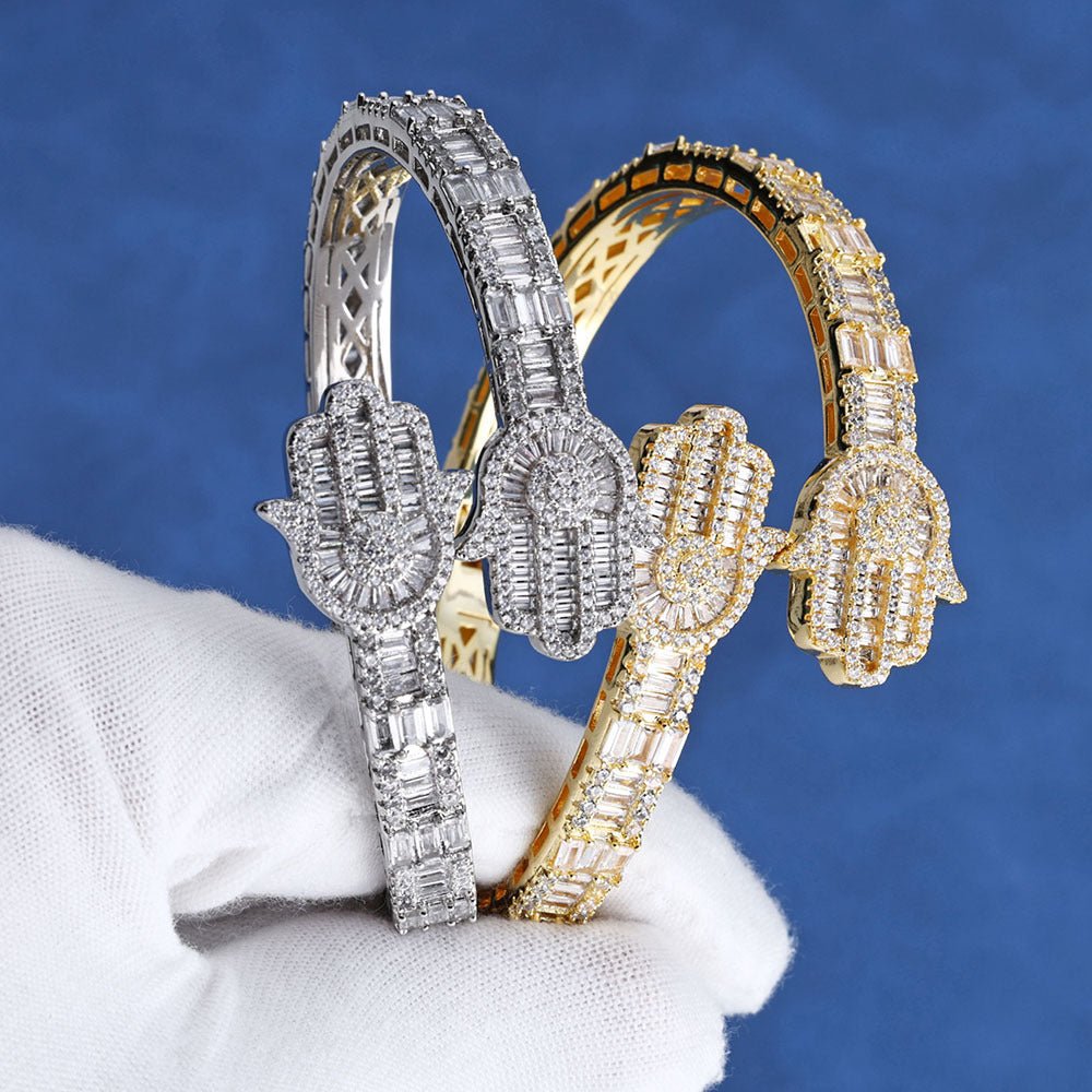 Iced Out Moissanite Baguette Bangle – S925 Sterling Silver Geometric Initial Cuff Bracelet – GRA Certified Diamond Tester Pass Hip Hop Jewelry Gold - KRWN Fine Jewelry