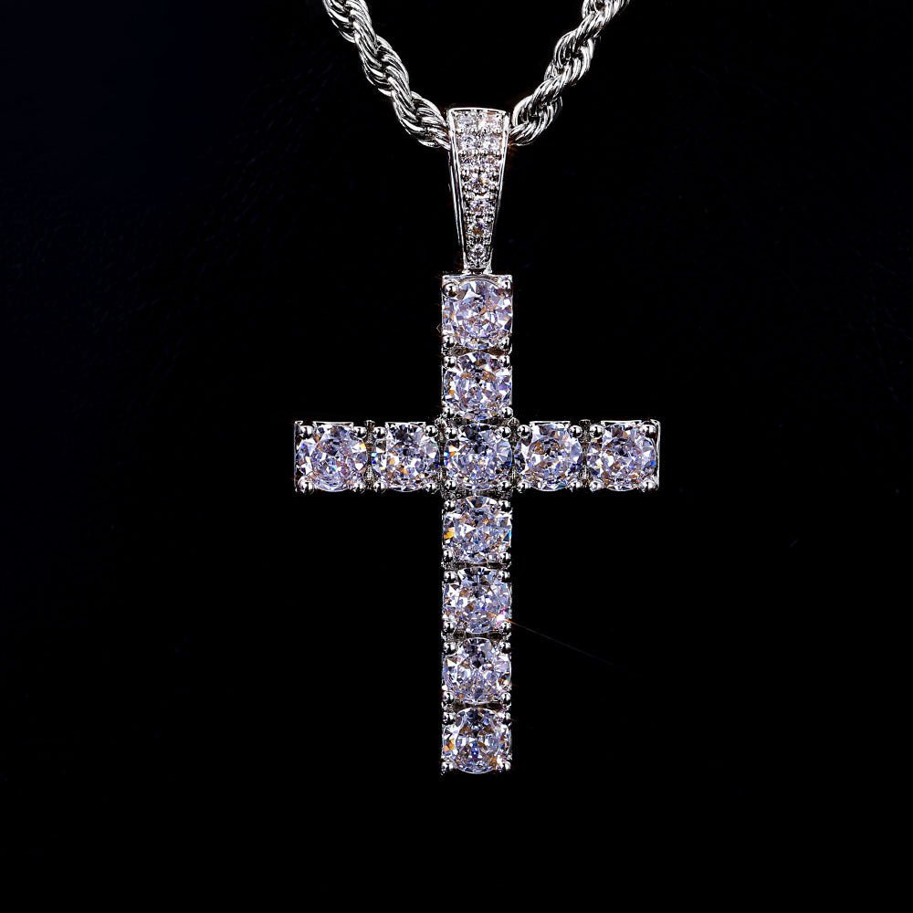 Iced Out Moissanite Cross Pendant – 925 Sterling Silver Hip Hop Cross Necklace with Rope Chain | VVS Moissanite | GRA Certified Silver - KRWN Fine Jewelry