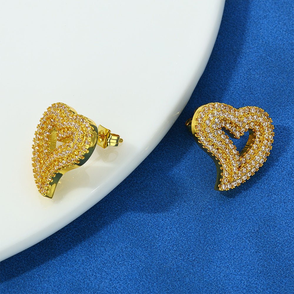 Iced Out Moissanite Heart Stud Earrings – 925 Sterling Silver Hip Hop Studs | VVS Stones | GRA Certified | Pair Gold - KRWN Fine Jewelry