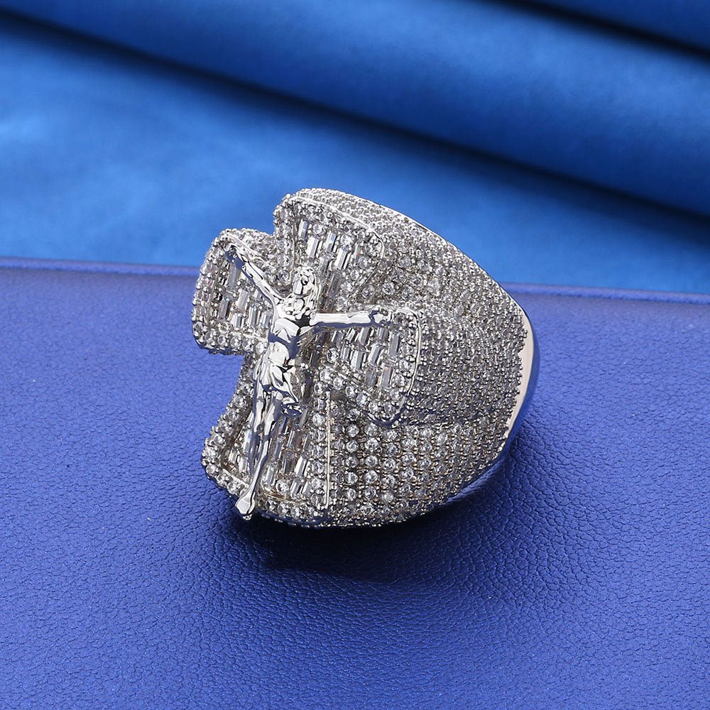 Iced Out Moissanite Jesus Cross Ring for Men – S925 Silver Heart Shape Hip Hop Ring Size 7-10 Gold - KRWN Fine Jewelry
