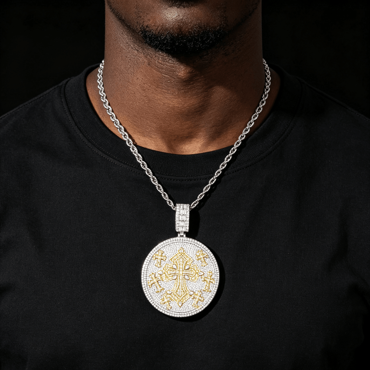 Iced Out Moissanite Round Cross Pendant — VVS Gold Plated Hip Hop Medallion Necklace 24" Rope Chain, White Gold / Two-Tone 3mm Rope Chain 24" - KRWN Fine Jewelry