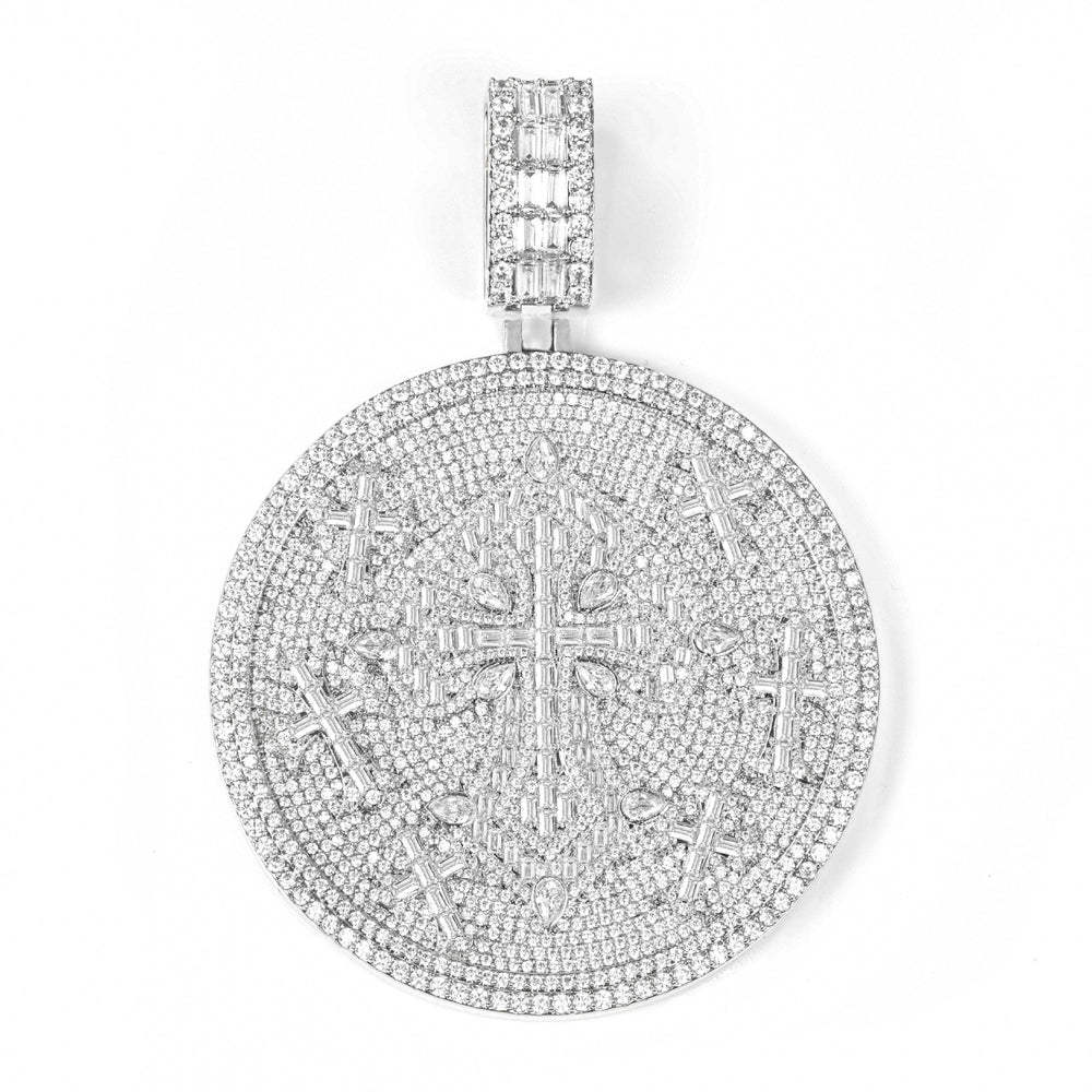 Iced Out Moissanite Round Cross Pendant — VVS Gold Plated Hip Hop Medallion Necklace 24" Rope Chain, White Gold / Two-Tone 3mm Rope Chain 24" - KRWN Fine Jewelry