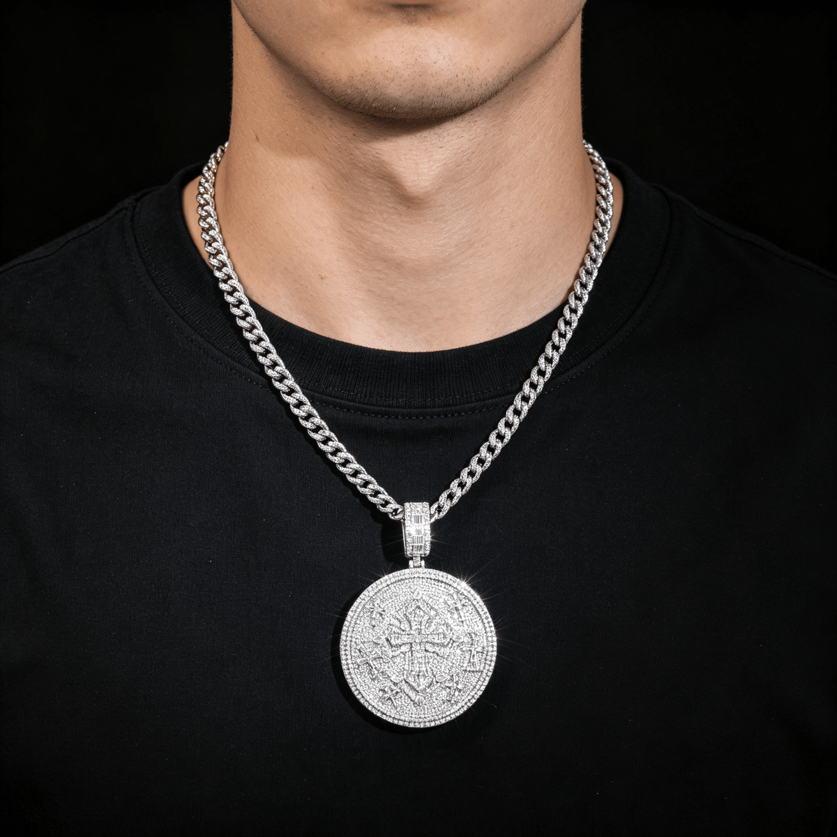 Iced Out Moissanite Round Cross Pendant — VVS Gold Plated Hip Hop Medallion Necklace 24" Rope Chain, White Gold / Two-Tone 3mm Rope Chain 24" - KRWN Fine Jewelry