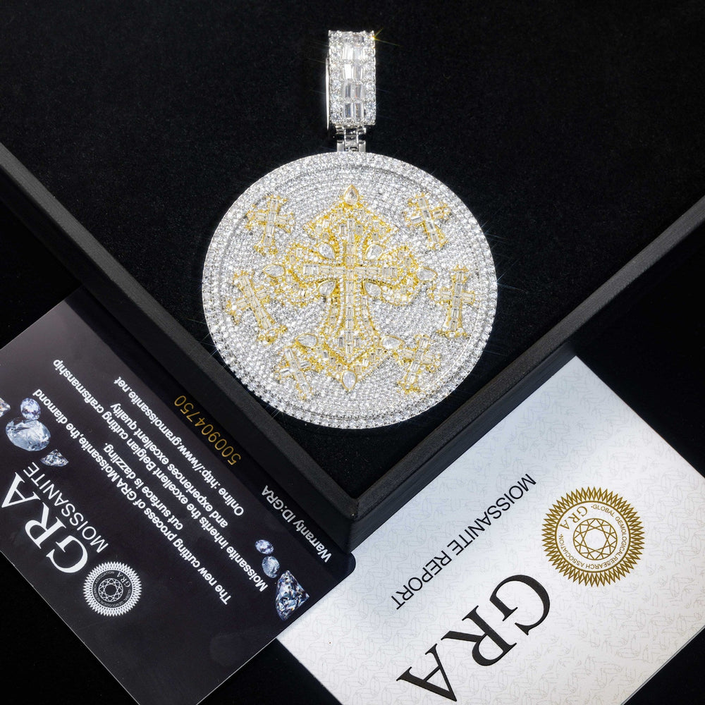 Iced Out Moissanite Round Cross Pendant — VVS Gold Plated Hip Hop Medallion Necklace 24" Rope Chain, White Gold / Two-Tone 3mm Rope Chain 24" - KRWN Fine Jewelry