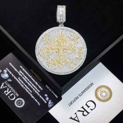 Iced Out Moissanite Round Cross Pendant — VVS Gold Plated Hip Hop Medallion Necklace 24" Rope Chain, White Gold / Two-Tone 3mm Rope Chain 24" - KRWN Fine Jewelry