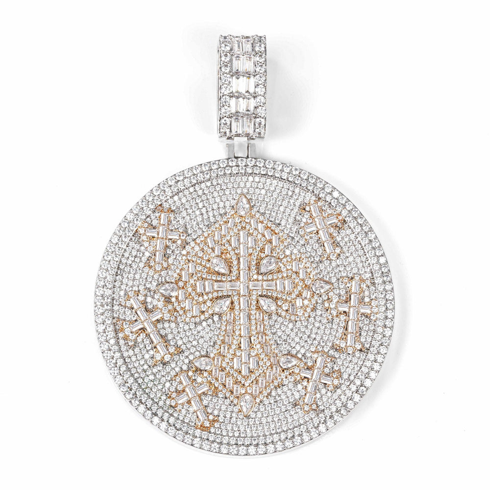Iced Out Moissanite Round Cross Pendant — VVS Gold Plated Hip Hop Medallion Necklace 24" Rope Chain, White Gold / Two-Tone 3mm Rope Chain 24" - KRWN Fine Jewelry