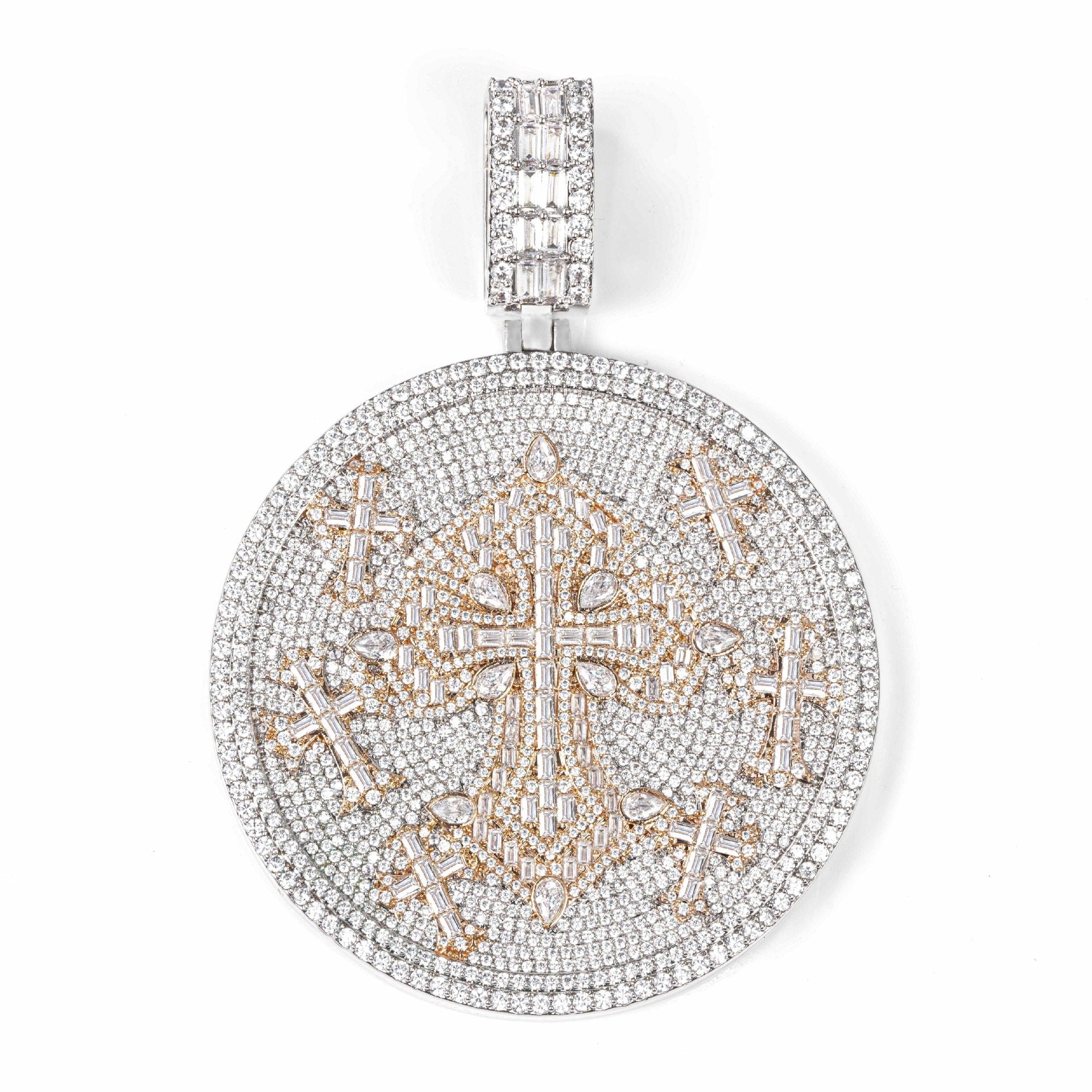 Iced Out Moissanite Round Cross Pendant — VVS Gold Plated Hip Hop Medallion Necklace 24" Rope Chain, White Gold / Two-Tone 3mm Rope Chain 24" - KRWN Fine Jewelry