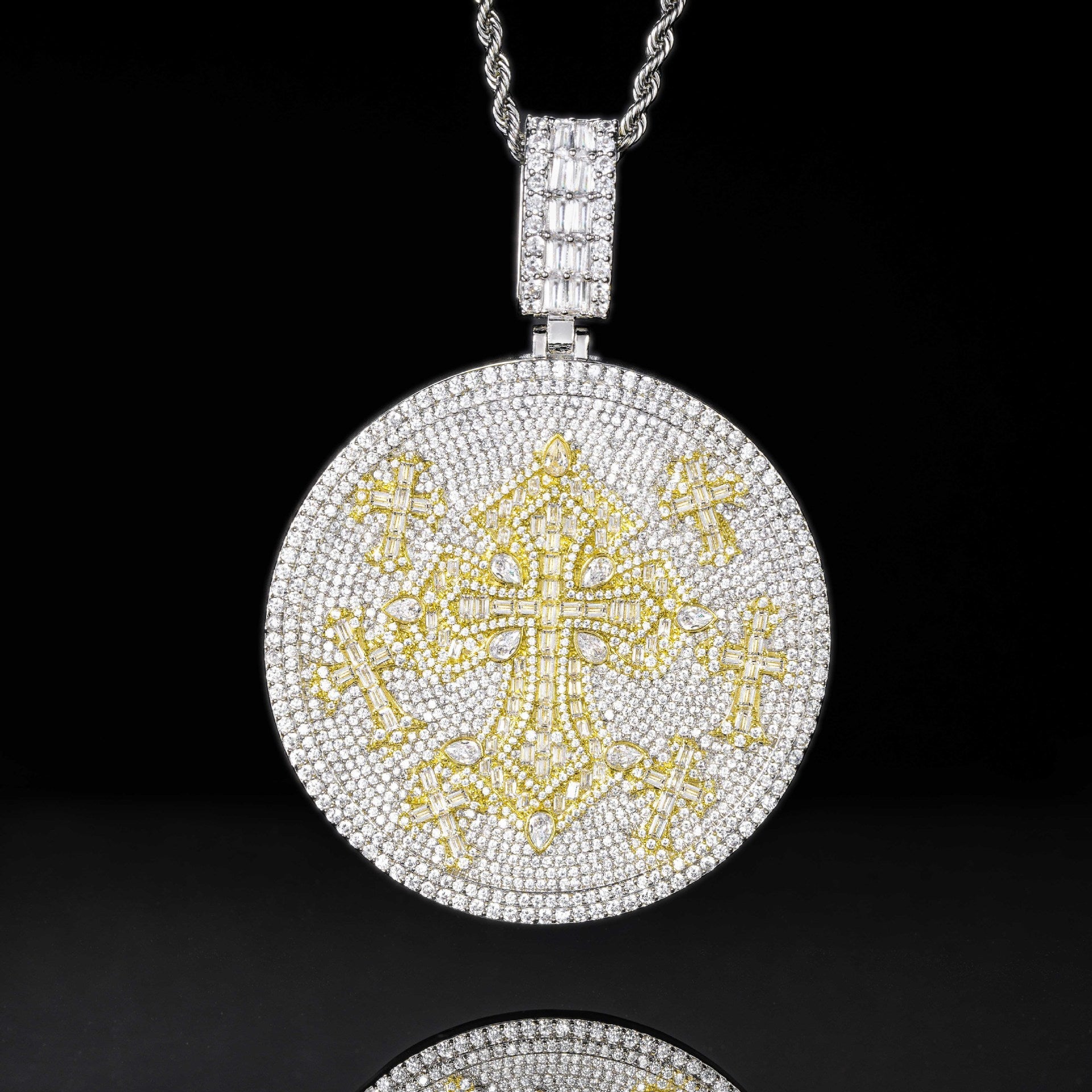 Iced Out Moissanite Round Cross Pendant — VVS Gold Plated Hip Hop Medallion Necklace 24" Rope Chain, White Gold / Two-Tone 3mm Rope Chain 24" - KRWN Fine Jewelry