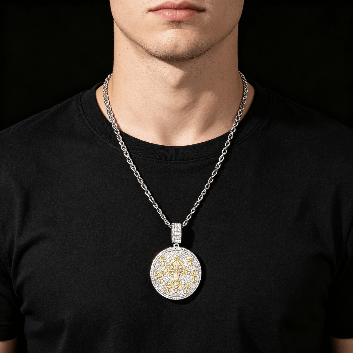Iced Out Moissanite Round Cross Pendant — VVS Gold Plated Hip Hop Medallion Necklace 24" Rope Chain, White Gold / Two-Tone 3mm Rope Chain 24" - KRWN Fine Jewelry