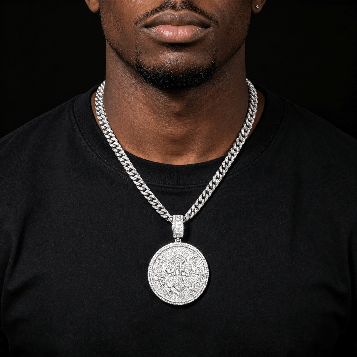 Iced Out Moissanite Round Cross Pendant — VVS Gold Plated Hip Hop Medallion Necklace 24" Rope Chain, White Gold / Two-Tone 3mm Rope Chain 24" - KRWN Fine Jewelry